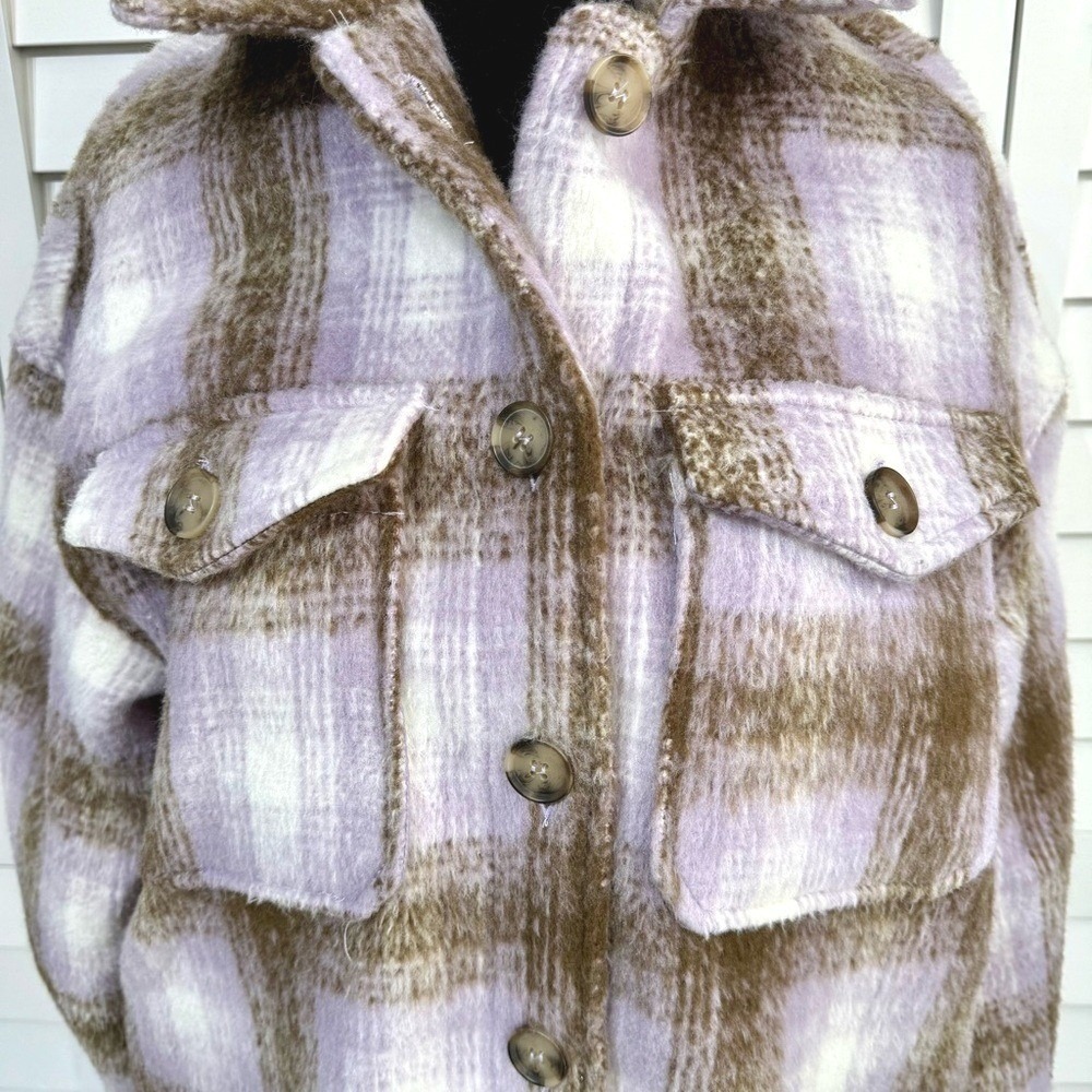 Bagatelle Womens Plaid Shacket M Purple Brown Oversized Flannel Fall Jacket Coat - Picture 4 of 11